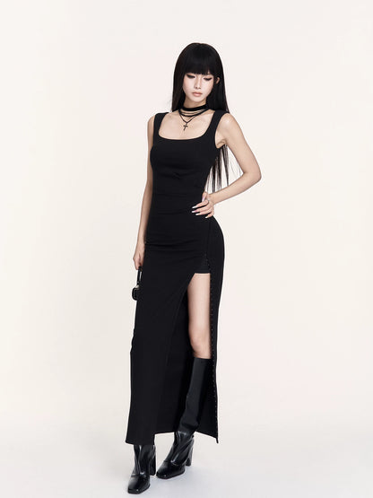 Waist-Cinching Little Black Maxi Dress