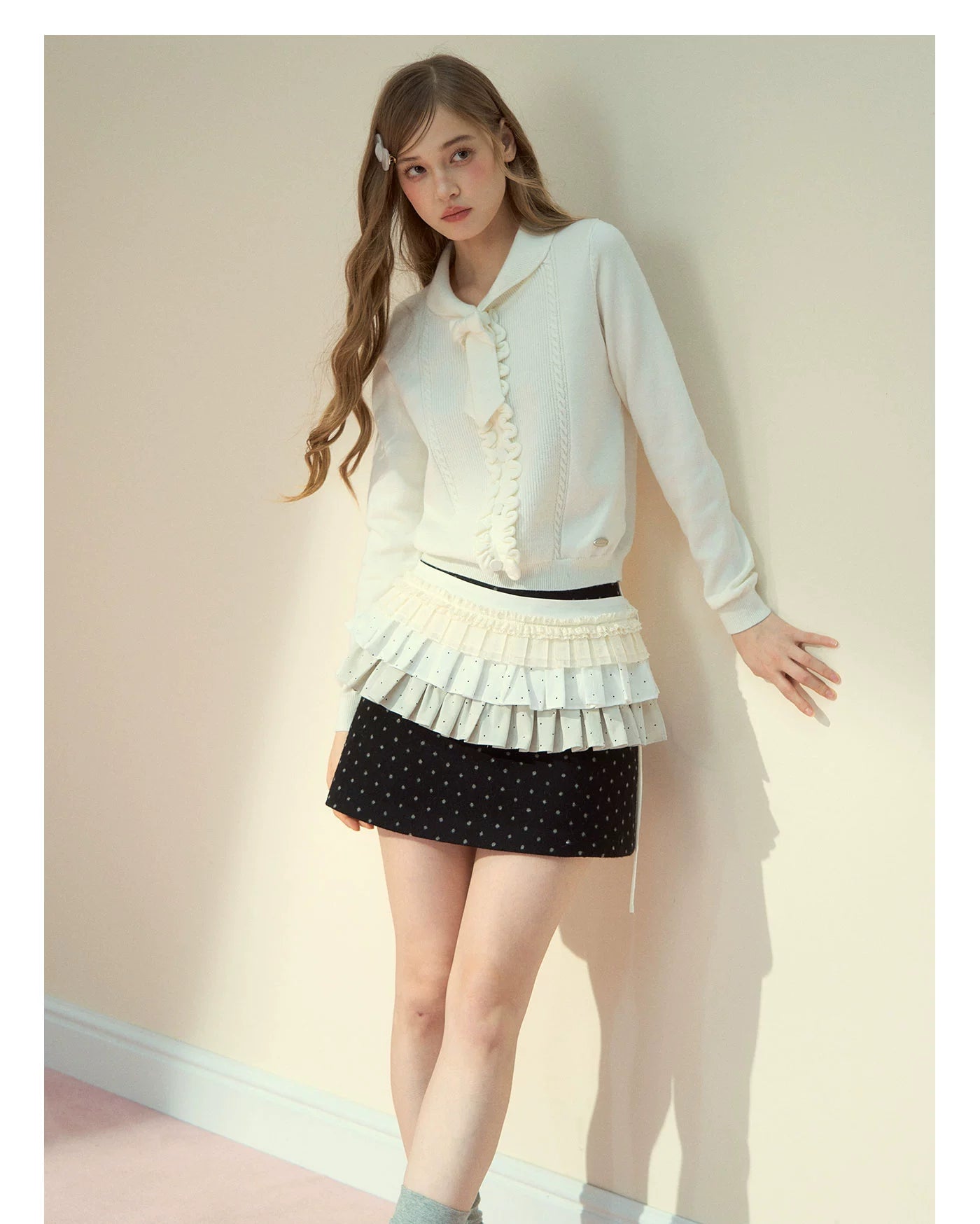 Ruffle Trim Bow Wool Sweater