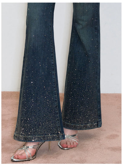 Vintage Rhinestone-Embellished Flared Denim Jeans