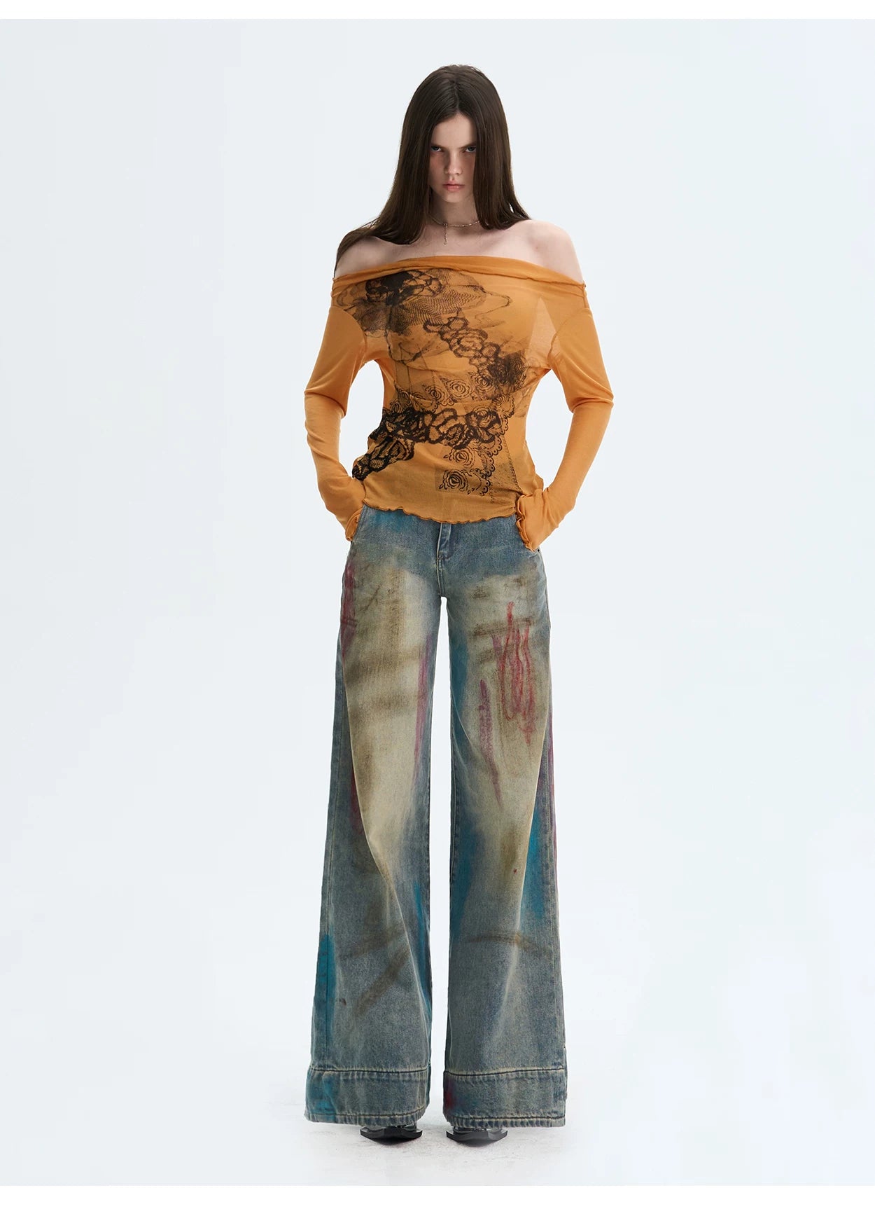 Washed Blue Graffiti Straight-Leg Denim Jeans