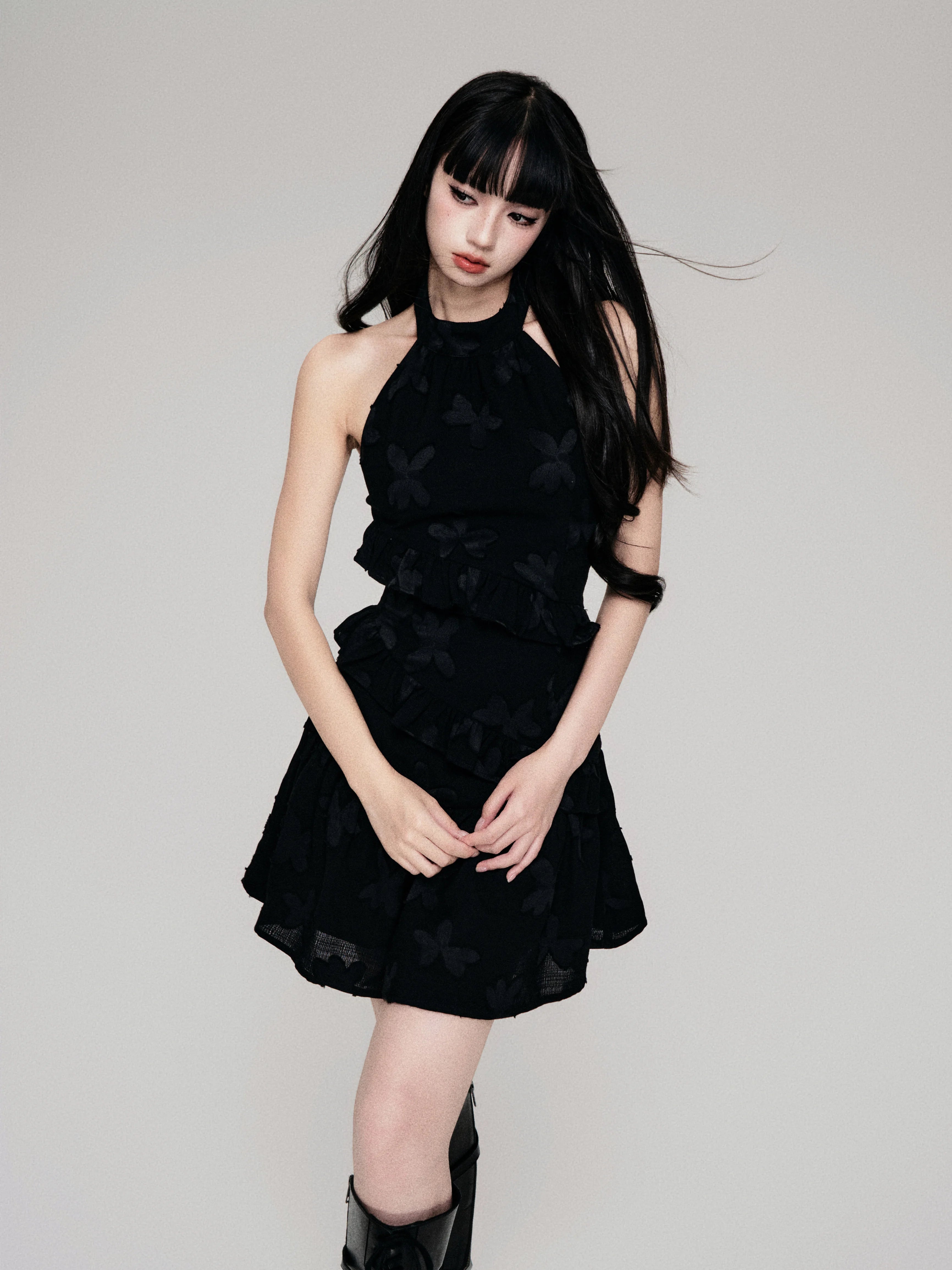 Textured Cut-Out Floral Halter Mini Dress