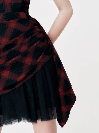 Red-Black Plaid Waist-Defining Dress