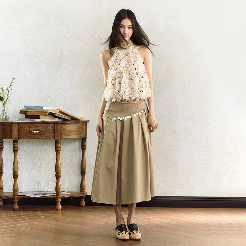 Khaki Sequin High Waist Skirt - CHINASQUAD