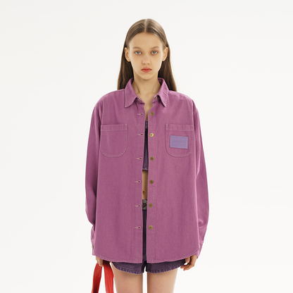 Purple &amp; Green Metal Button Pocket Denim Shirt - CHINASQUAD