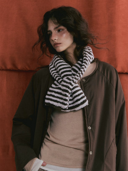 Reversible Striped Faux Scarf Detail Shearling Jacket