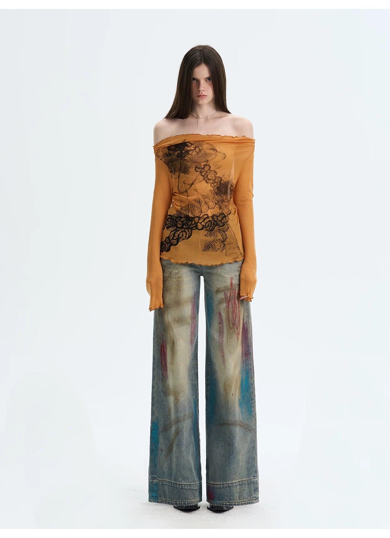 Washed Blue Graffiti Straight-Leg Denim Jeans