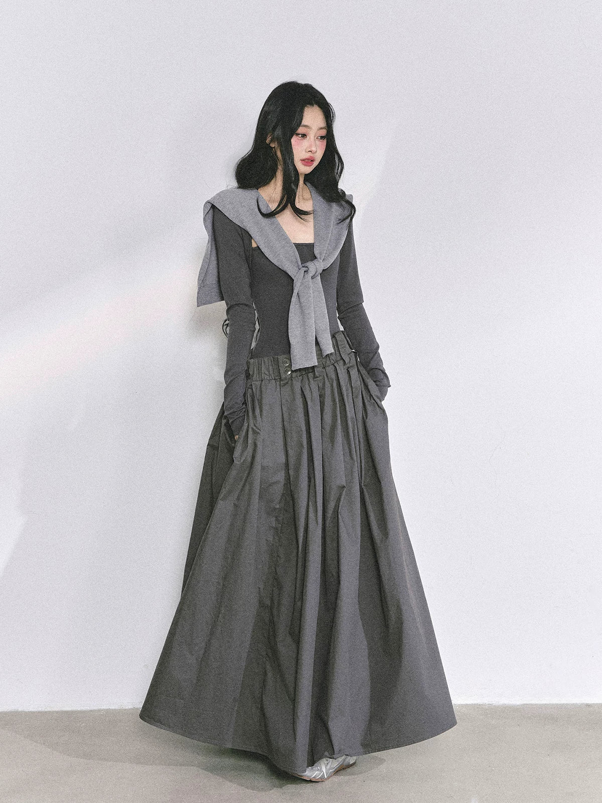 French Relaxed Long Sleeve Maxi Dress