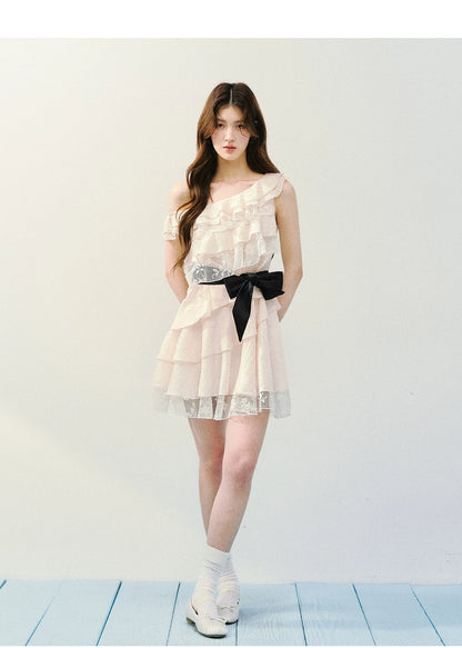 Asymmetric Lace Tiered Ruffle Dress