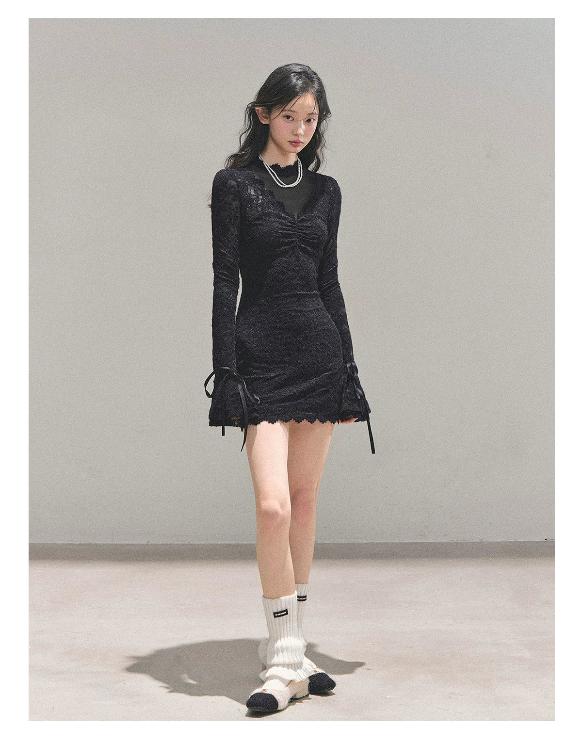 Lace Mesh Long-Sleeve Mini Dress