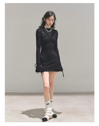 Lace Mesh Long-Sleeve Mini Dress