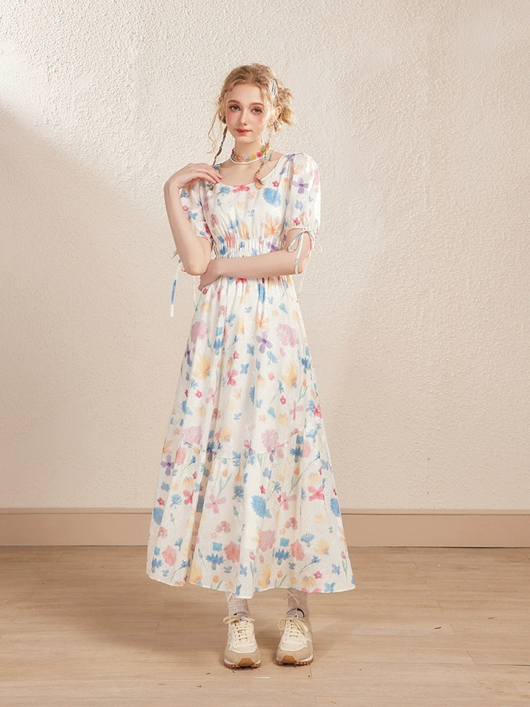 White Floral Puff Sleeve Round Neck Dress