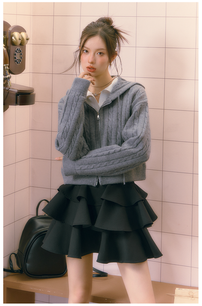 Gray Twist Knitted Zip-up Hoodie - CHINASQUAD