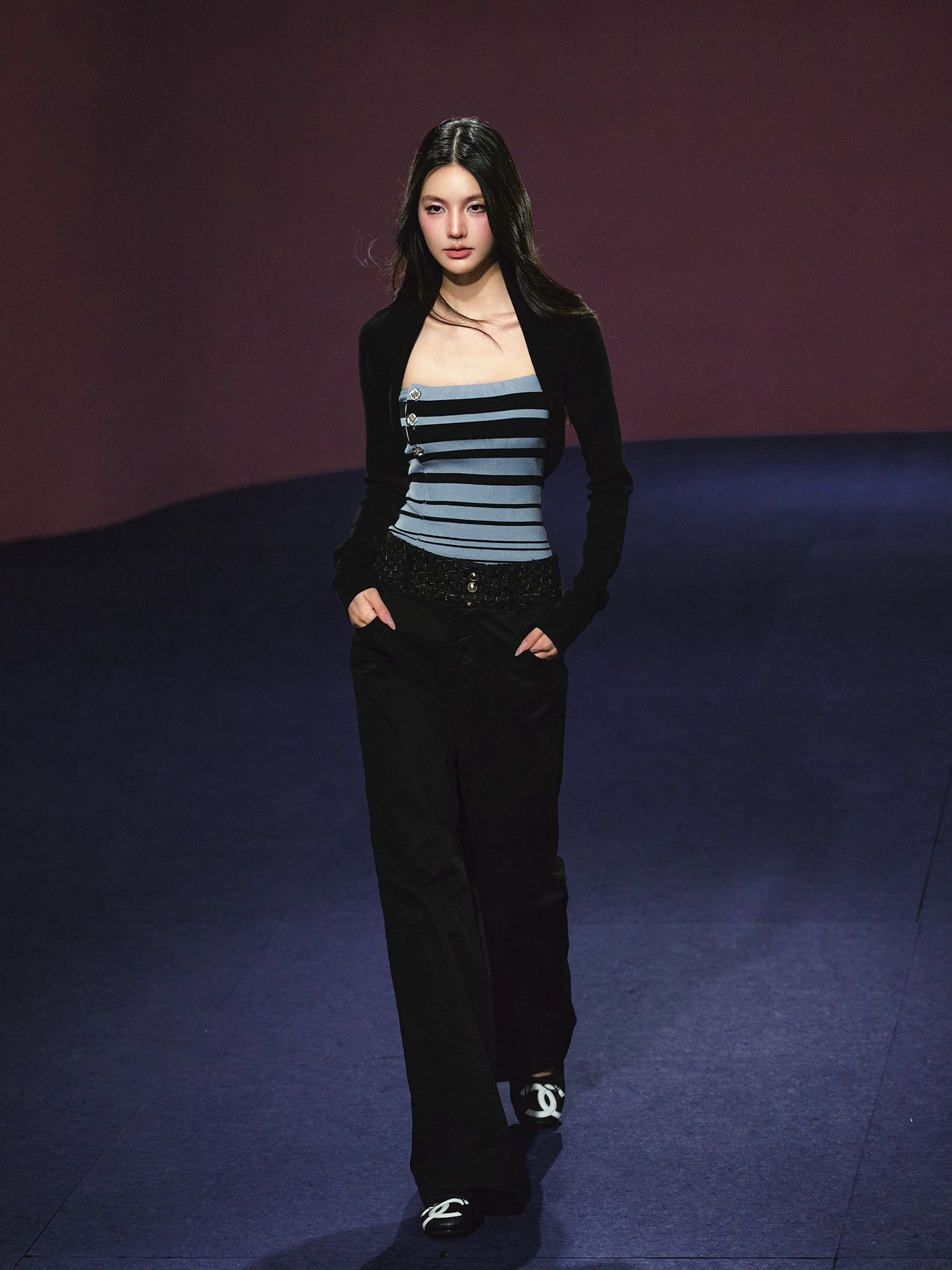 Striped Contrast Hand-Sewn Button Tube Top &amp; Shrug Set - CHINASQUAD