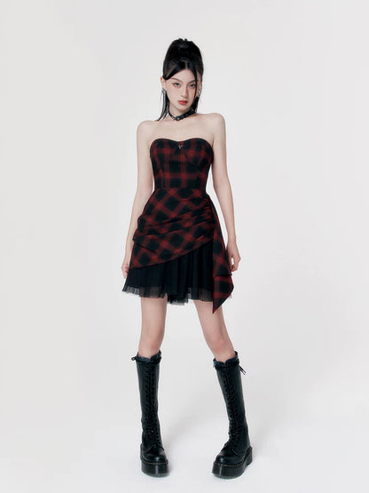 Red-Black Plaid Waist-Defining Dress