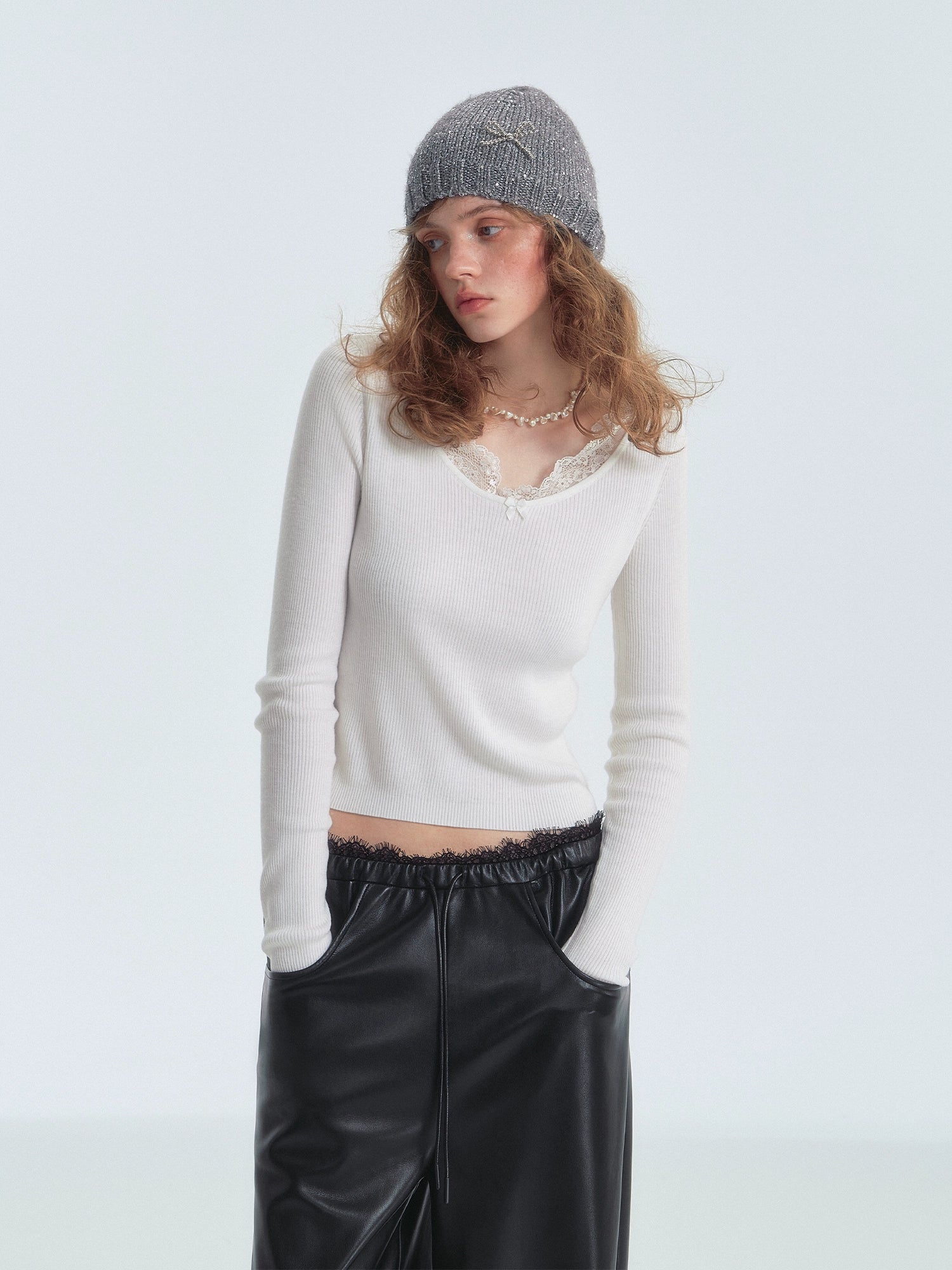 Lace-Trim Base Layer Knit Crewneck