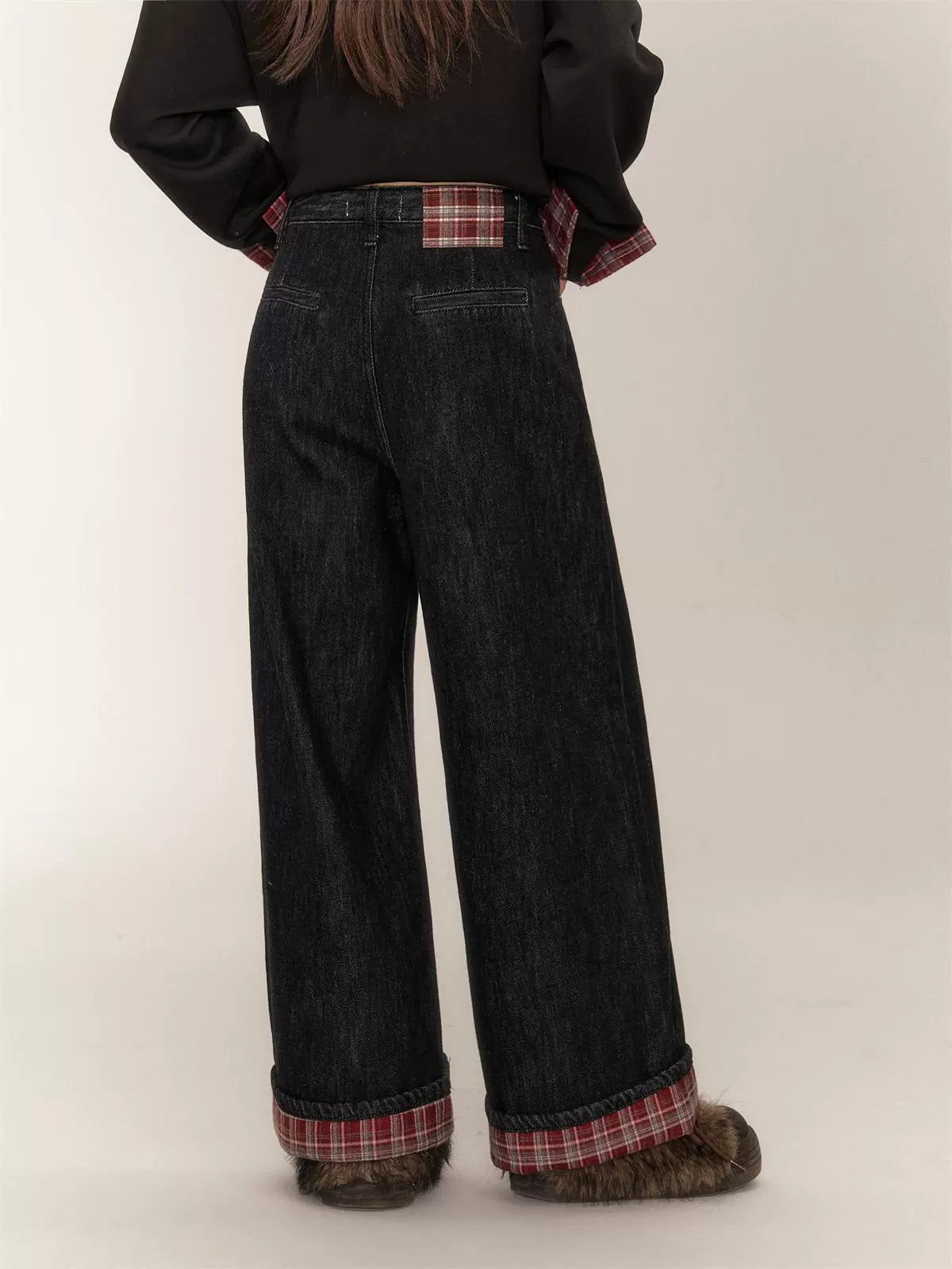 Vintage Plaid-Cuffed Wide-Leg Jeans