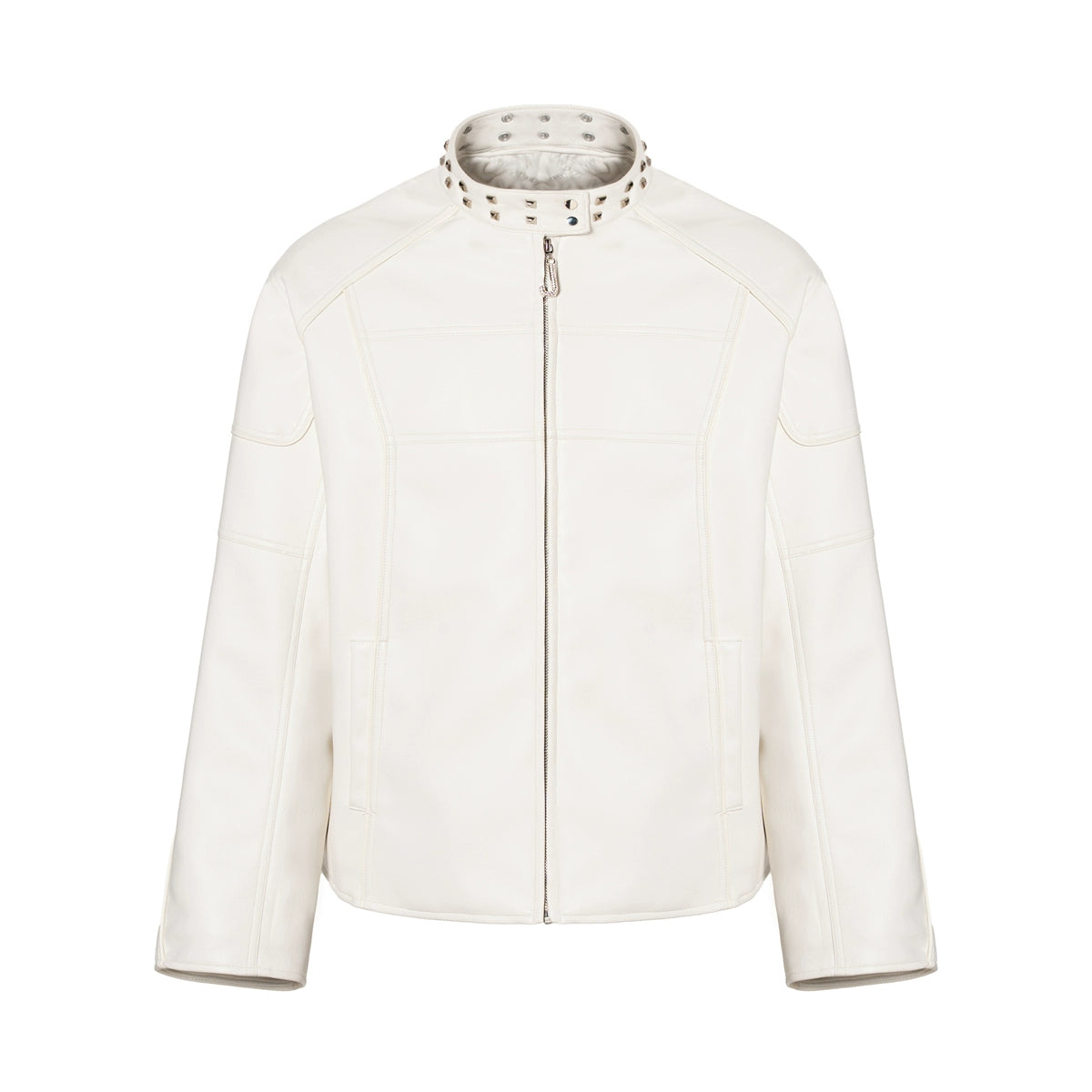 White Studded Stand-Collar Oversized Jacket