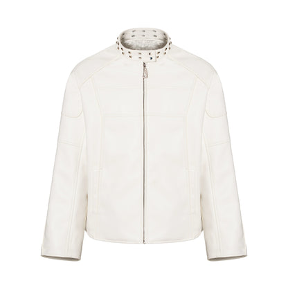 White Studded Stand-Collar Oversized Jacket