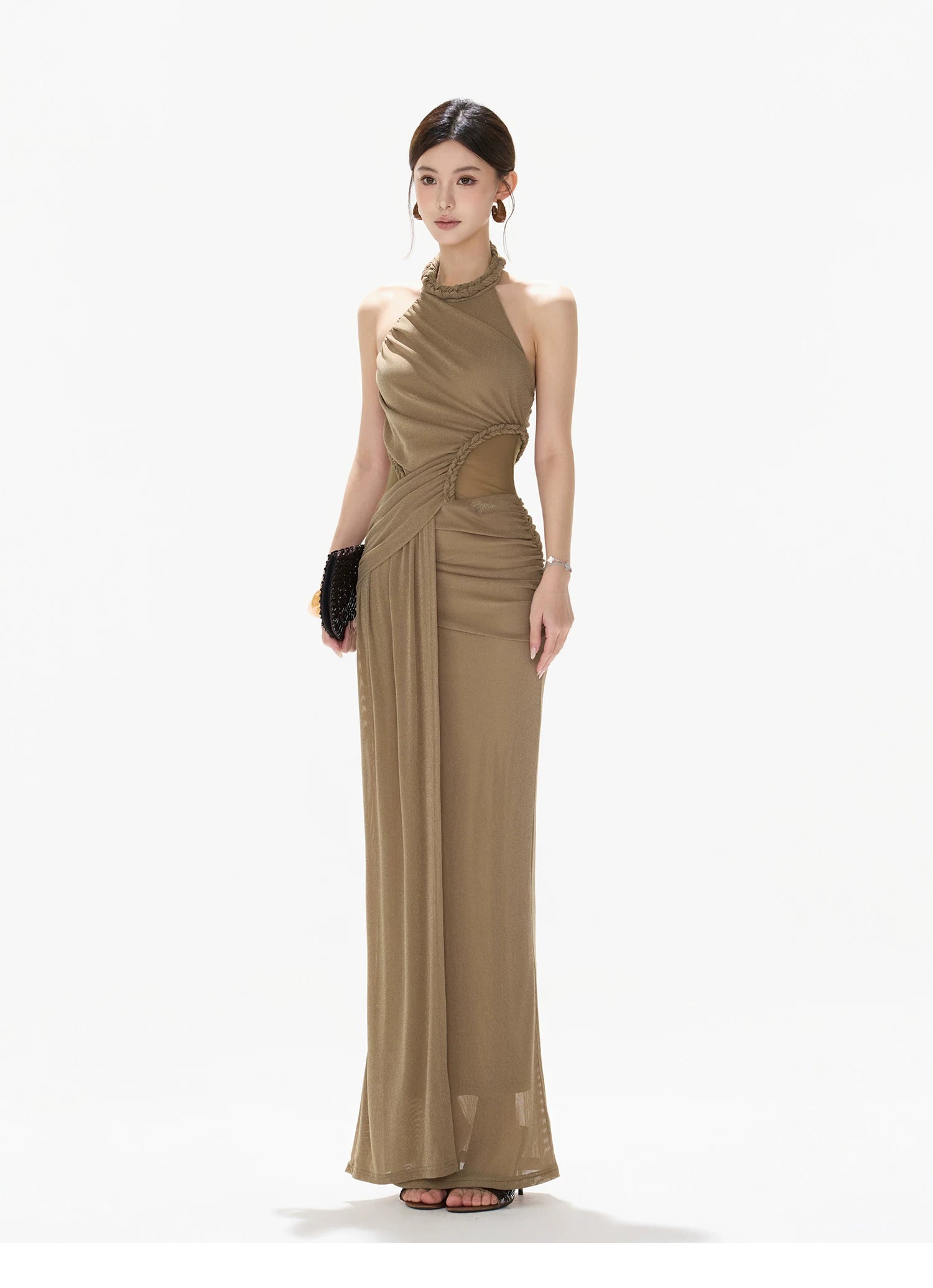 Elegant Ruched Mesh Halter Evening Dress