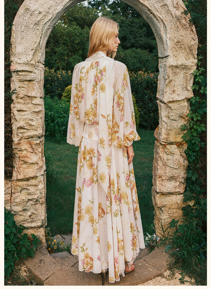 Milena Chiffon Lace Lantern Sleeve Midi Dresse