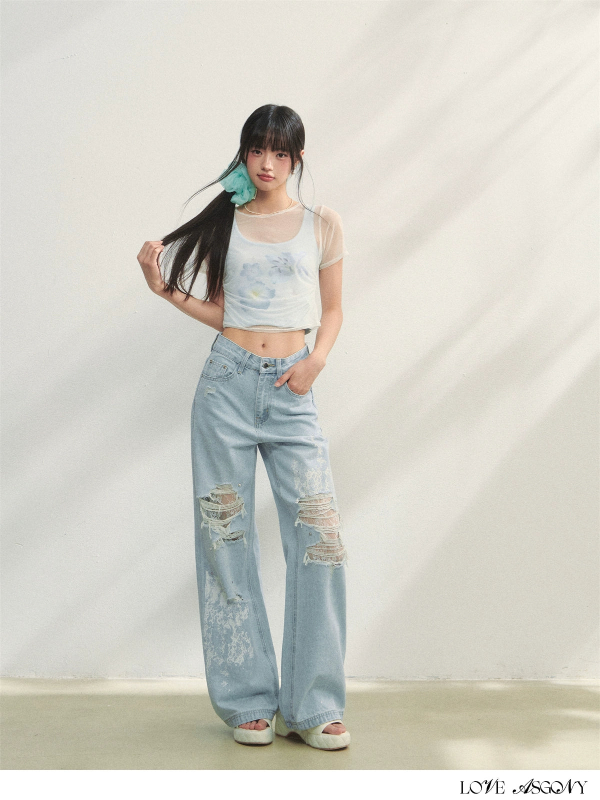 Lace-Trimmed Printed Rhinestone-Embellished Jeans