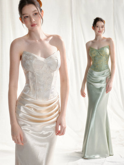 Jade Whisper Jacquard Corset Satin Evening Gown