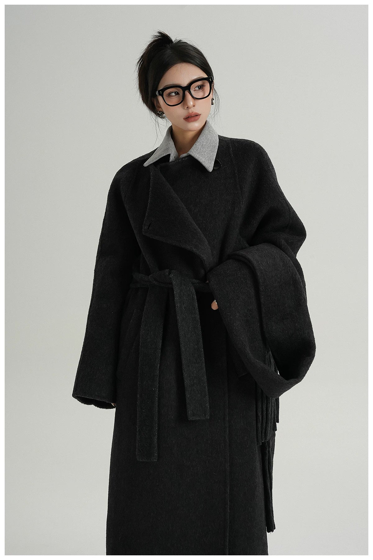 Fringe-Detail Wool Scarf-Style Long Coat