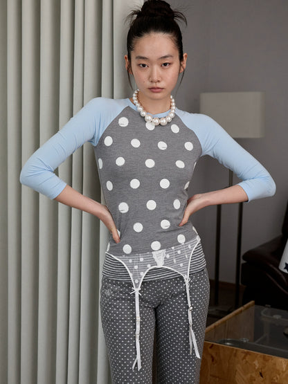 Color-Block Patchwork Polka Dot Print Raglan T-shirt