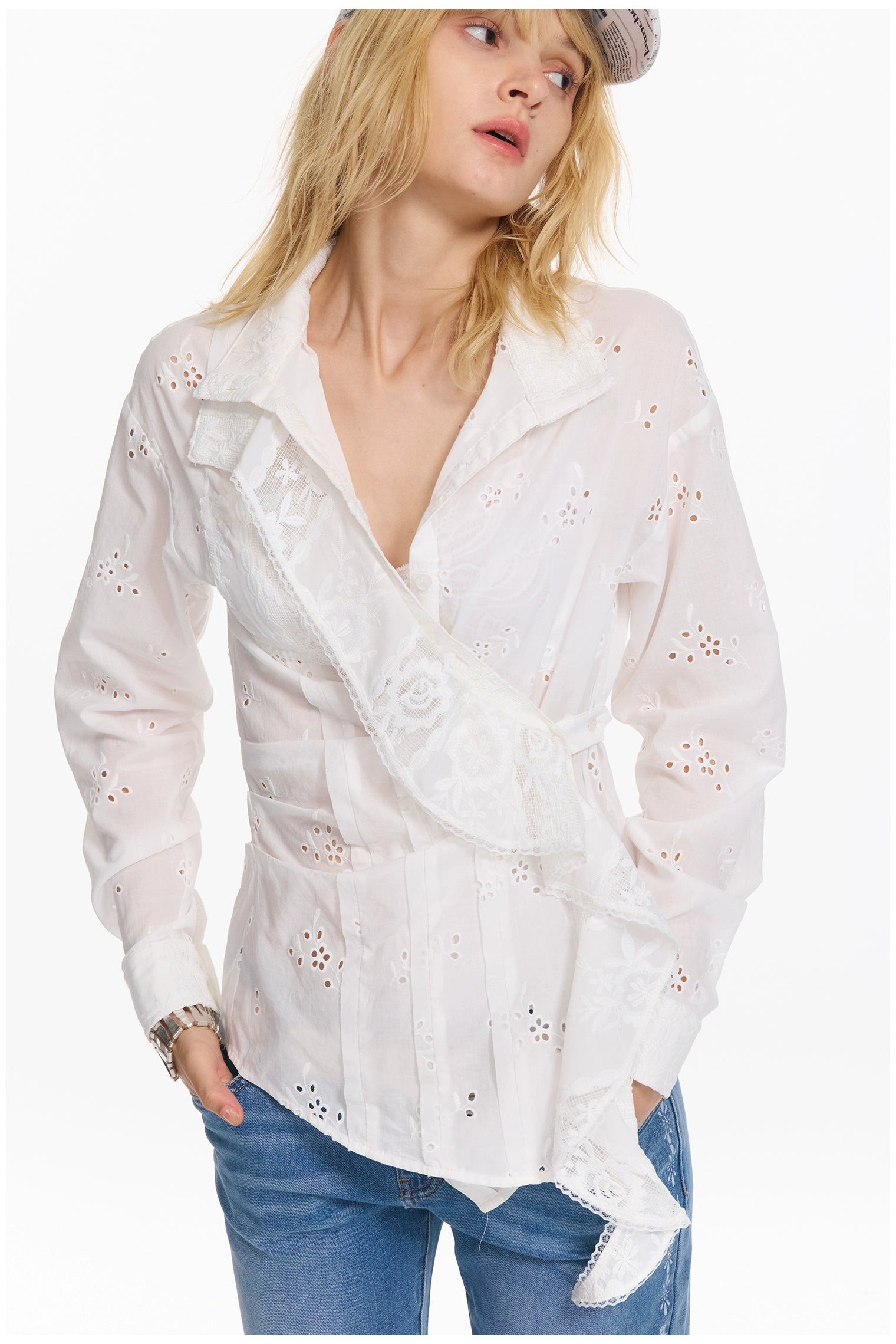 Embroidered Plaid Ruffle-Edge Shirt