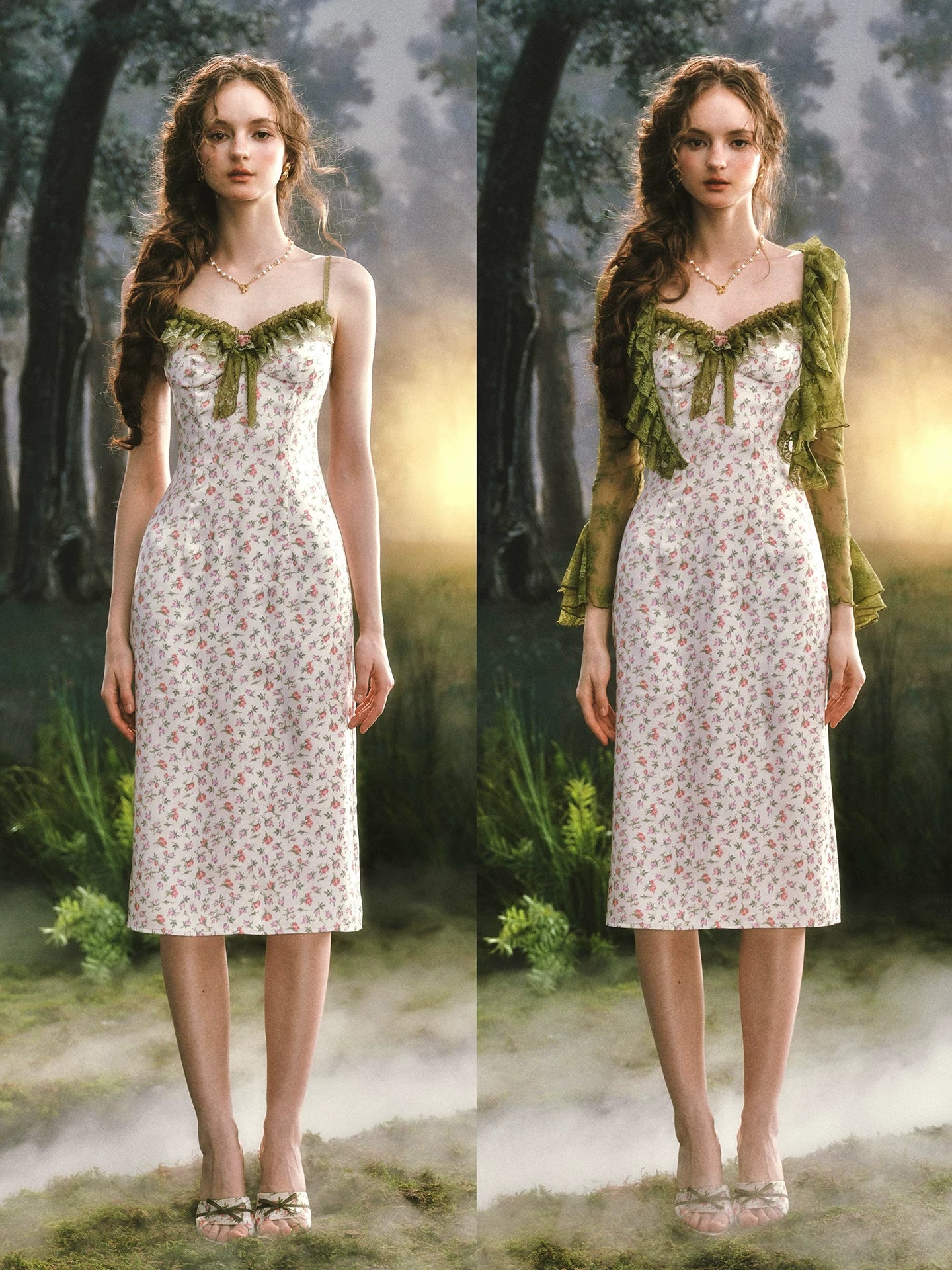 Enchanted Garden Satin Floral Dress &amp; Lace Cardigan Set