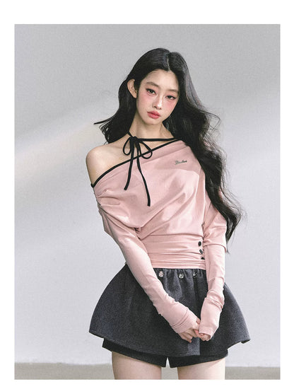 Off-Shoulder Halter Long-Sleeve T-Shirt