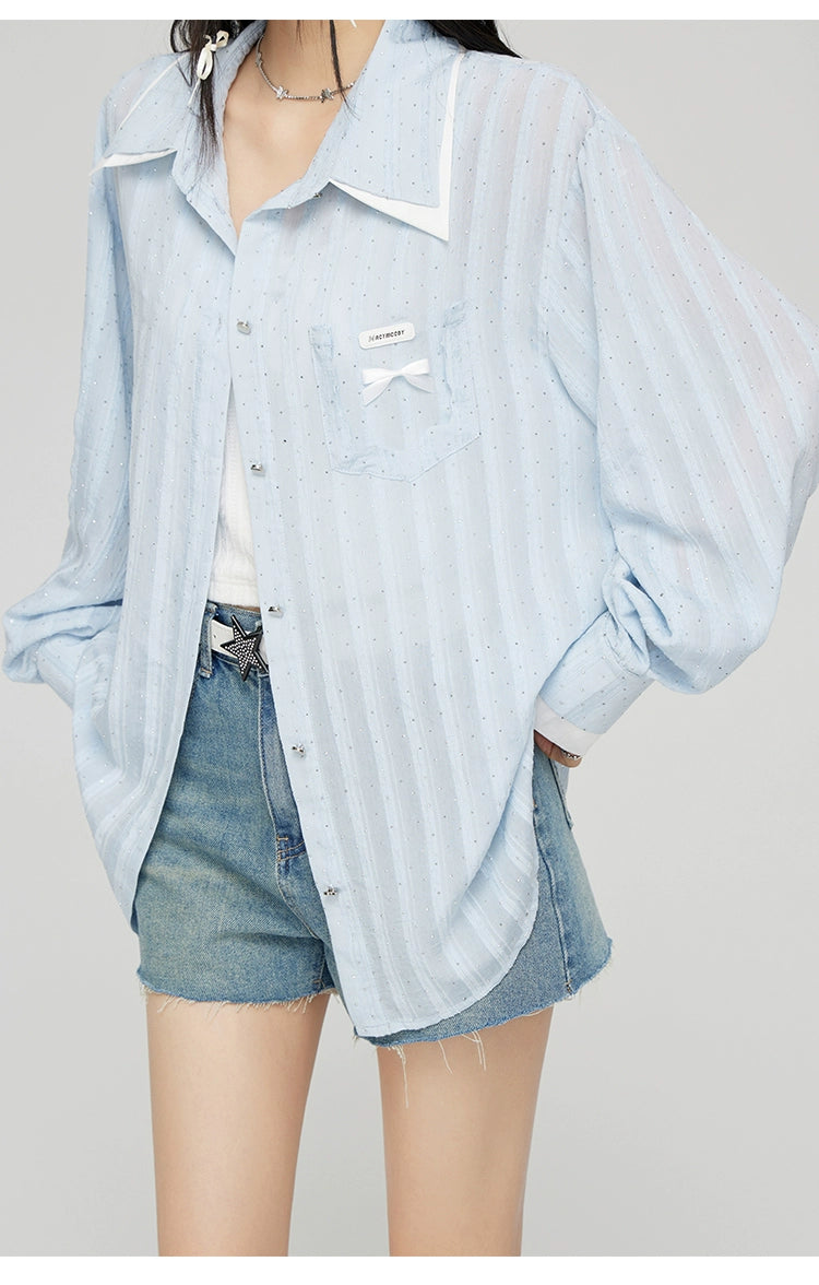 Blue Bow Decor Contrast Collar Shirt - CHINASQUAD