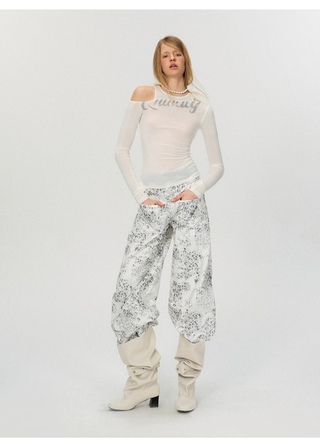 Asymmetric Rhinestone Graphic Cut-Out Slim Fit Top