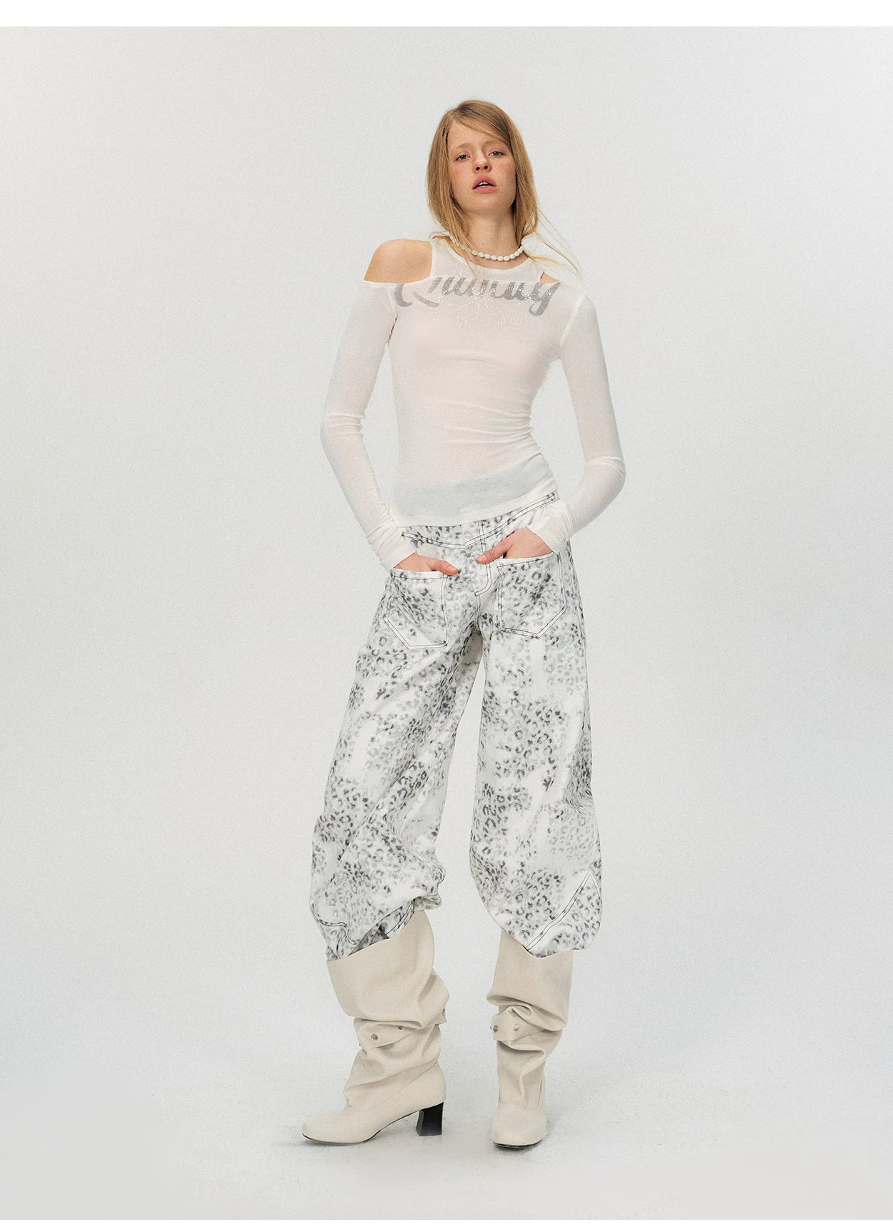 Asymmetric Rhinestone Graphic Cut-Out Slim Fit Top