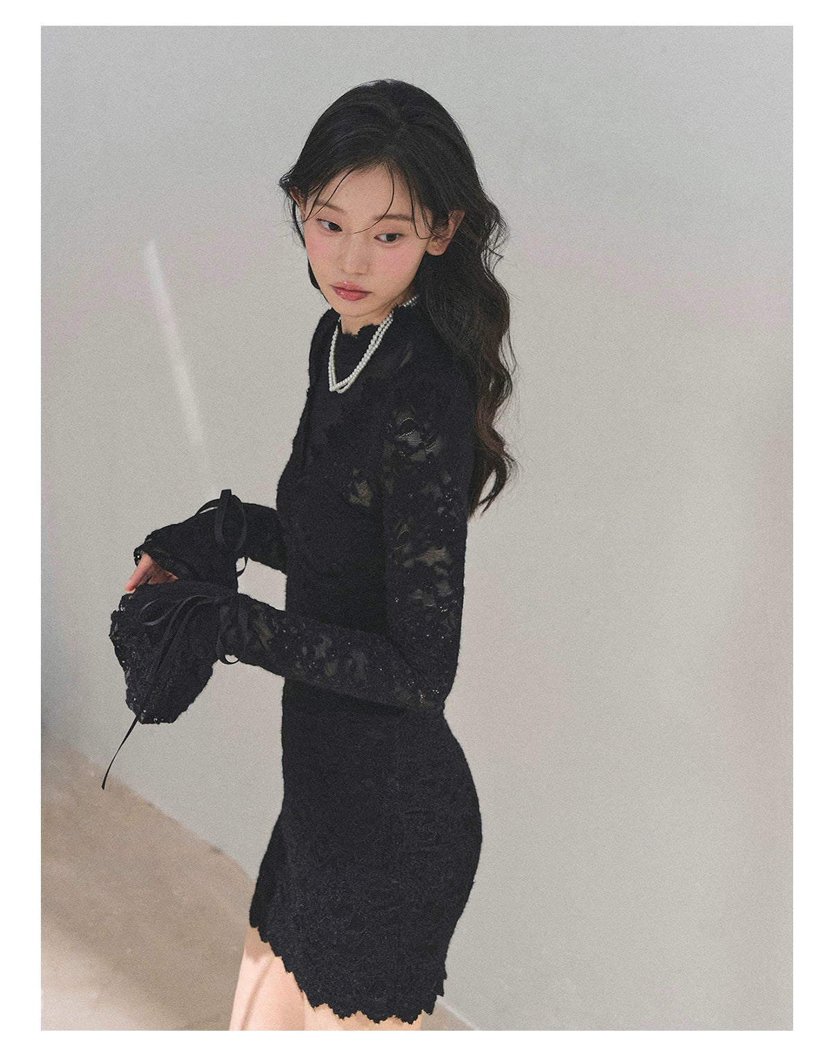 Lace Mesh Long-Sleeve Mini Dress