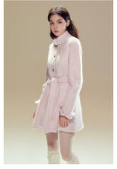 Pink Wool Lace Trim Waist Belted Coat - CHINASQUAD