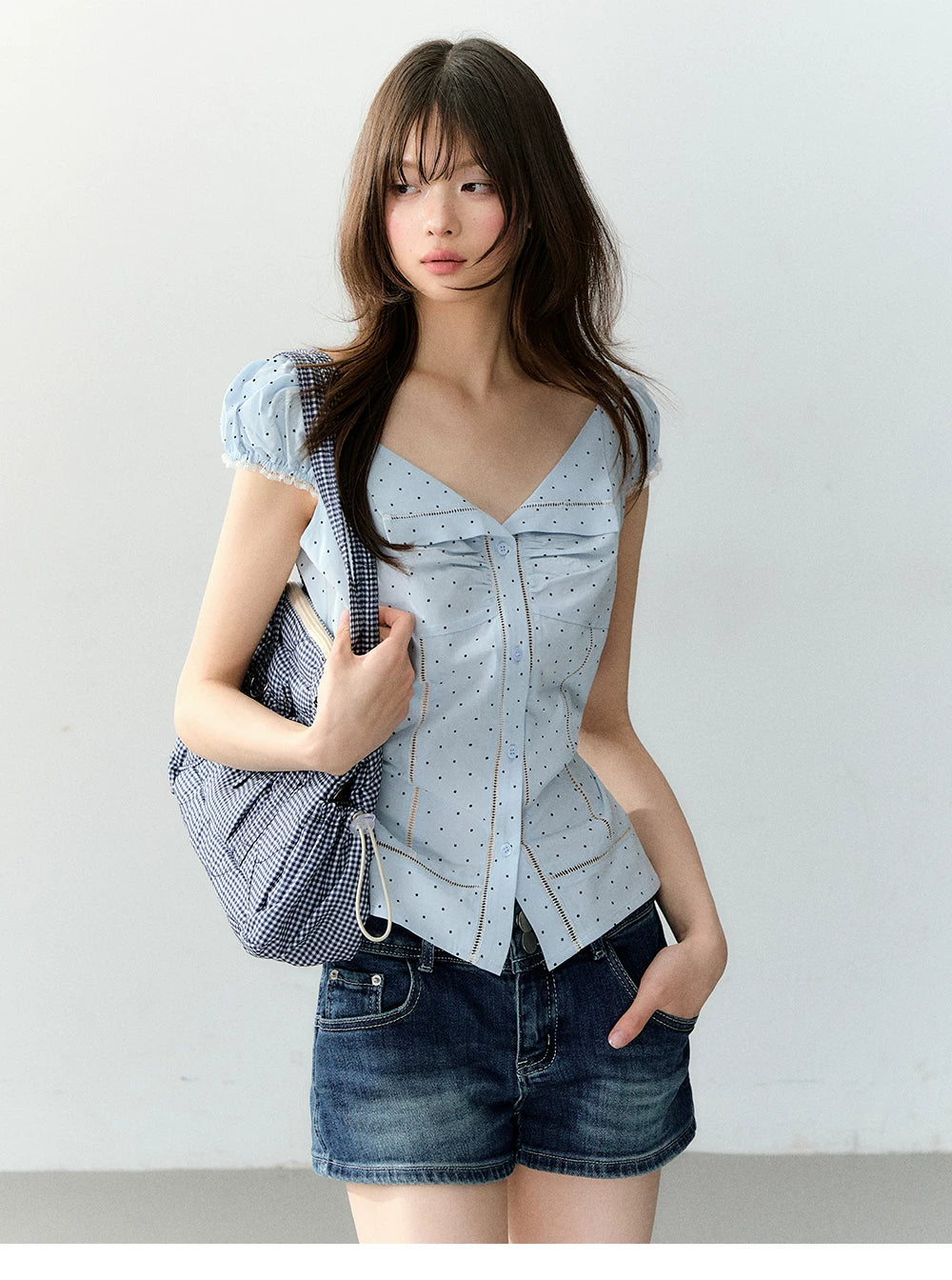 Polka Dot Lace Tie Waist Blouse