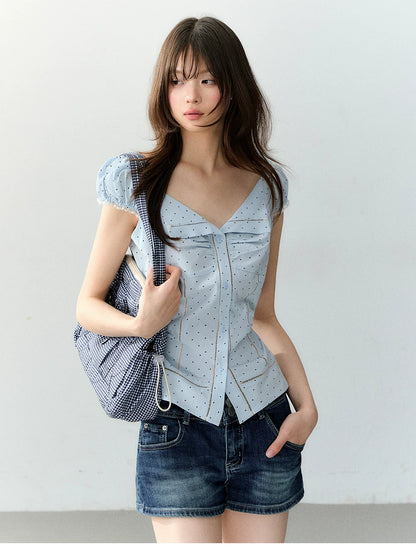 Polka Dot Lace Tie Waist Blouse