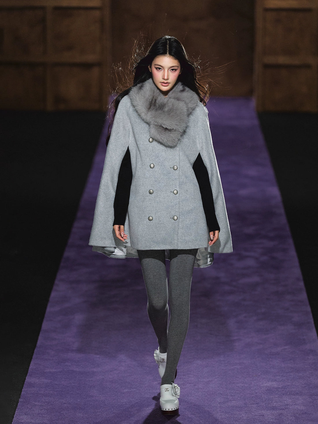 Wool-Blend Detachable Fur-Collar Cape Coat