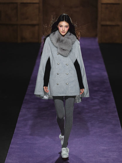 Wool-Blend Detachable Fur-Collar Cape Coat