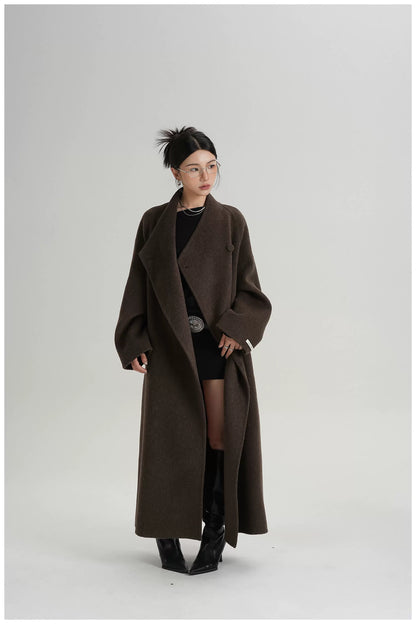 Asymmetric Button Long Wool Coat