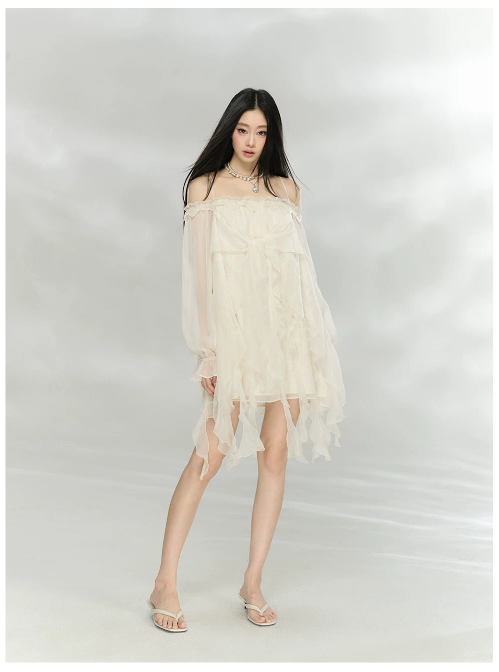 Lace-Trim Off-Shoulder Chiffon Dress