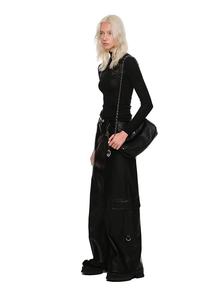 Matte Black Eco-Leather Wide-Leg Pants