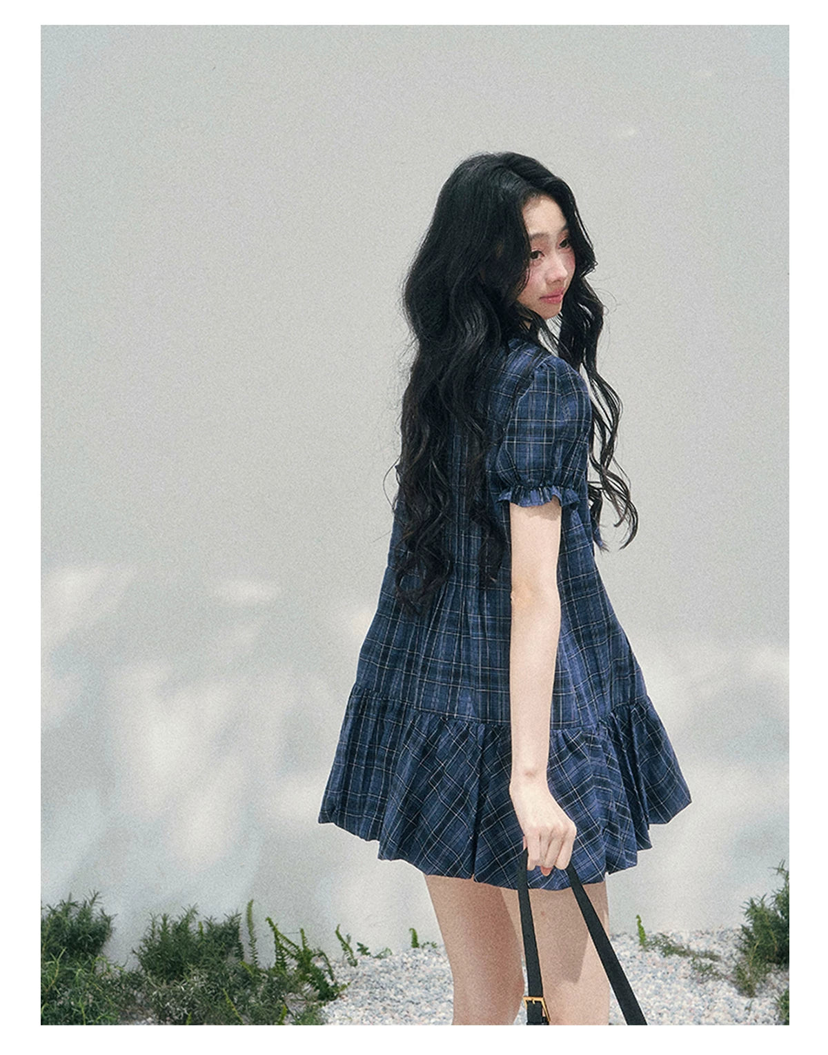 French Plaid Puff Sleeve Mini Dress Blue / M
