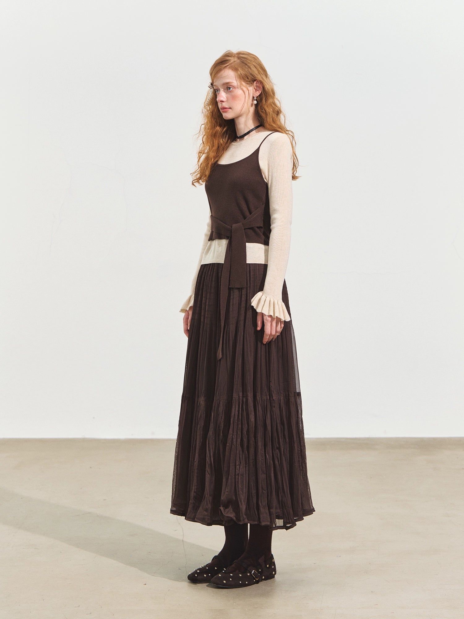 Contrast-Tie Layered Crewneck Knit Sweater