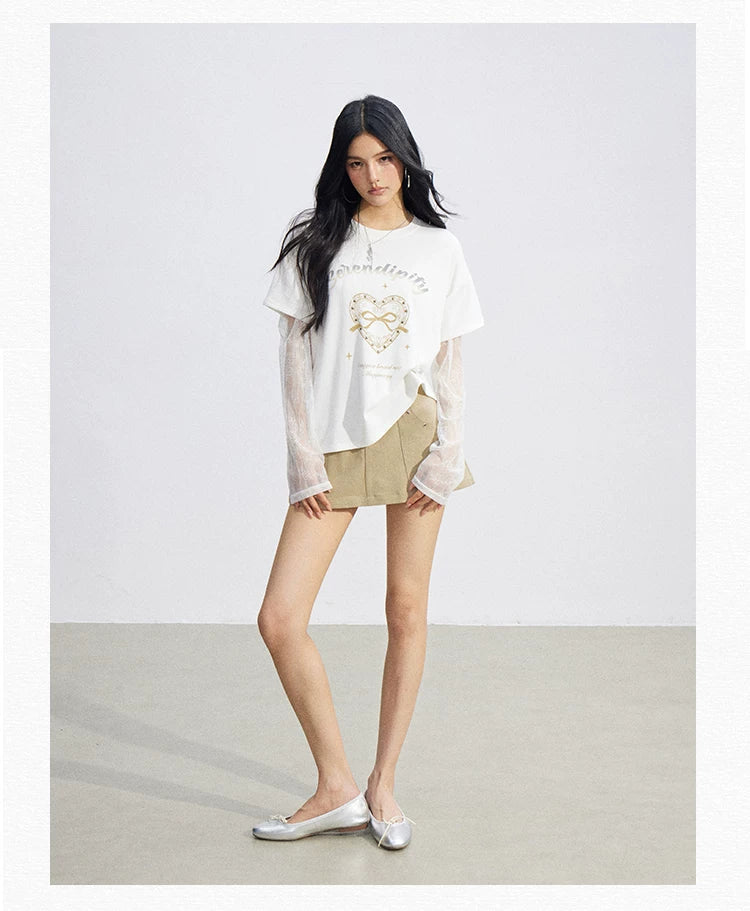 Lace Panel Sun Protection Graphic T-Shirt