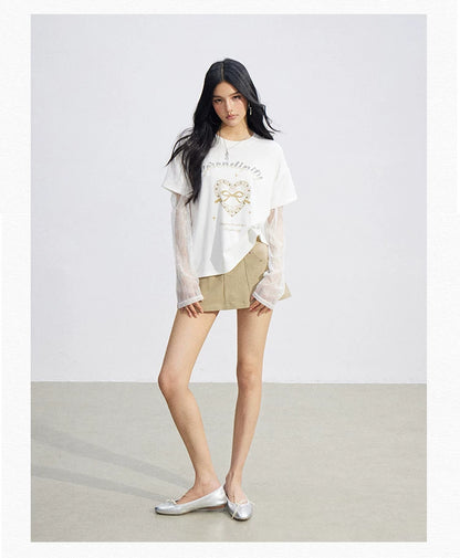 Lace Panel Sun Protection Graphic T-Shirt