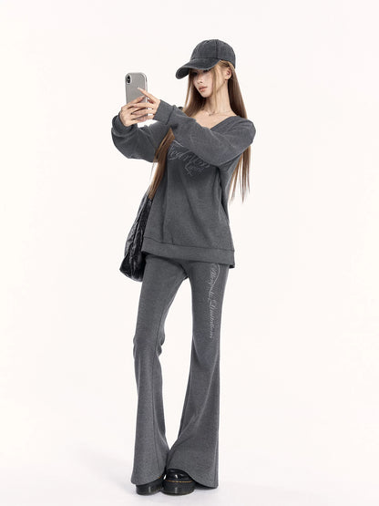 V-Neck Sweatshirt &amp; Flared Pants Set
