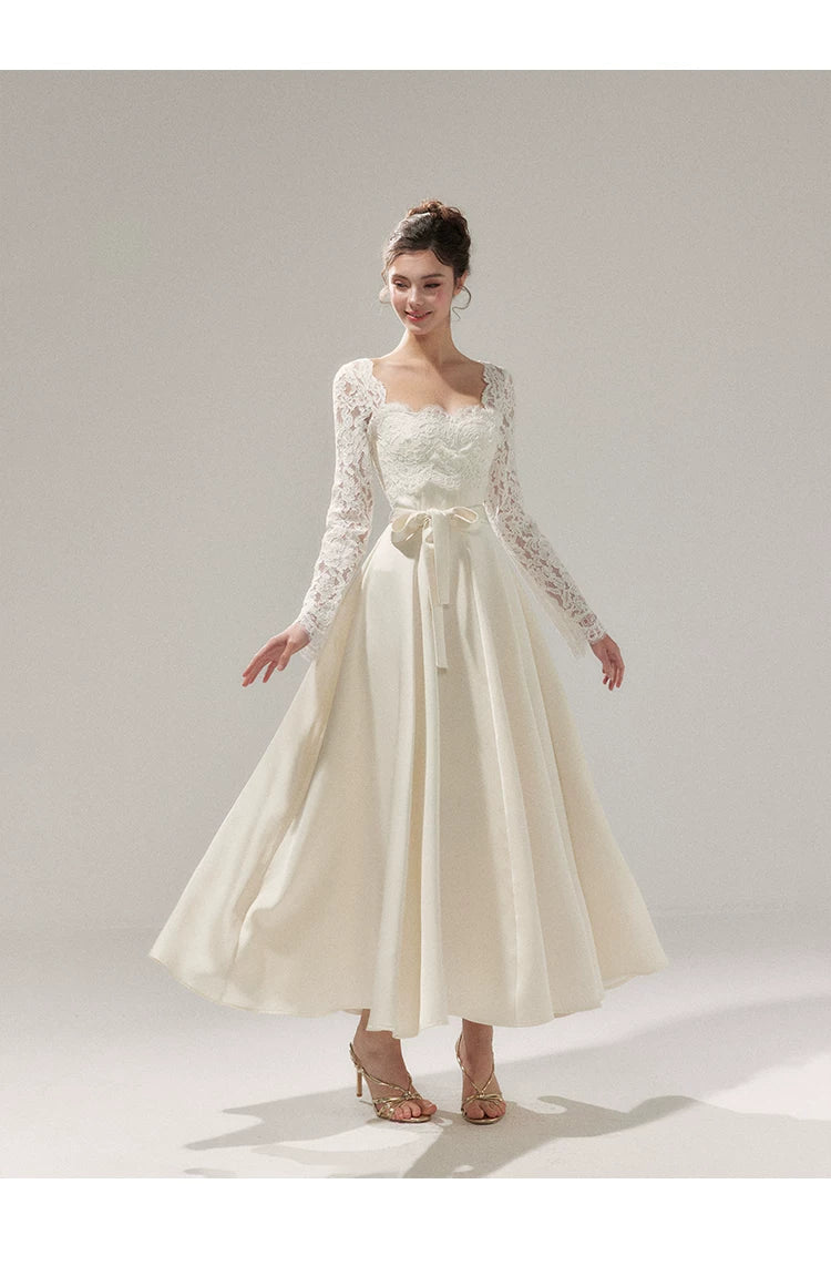 Lace Cinched-Waist Full-Skirt Evening Dress