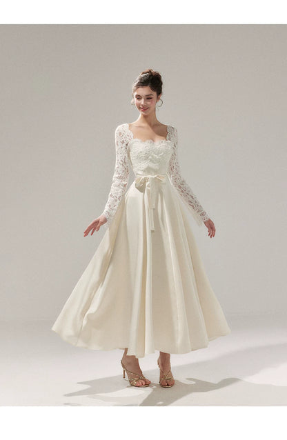 Lace Cinched-Waist Full-Skirt Evening Dress